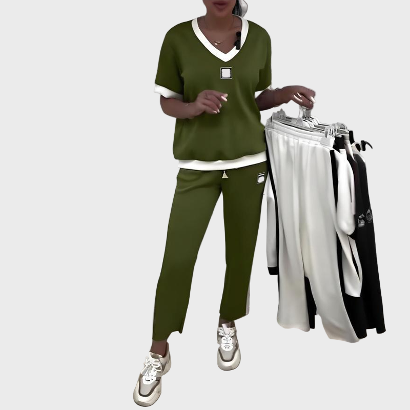 Cristina - Completo casual da donna con top e pantaloni con scollo a V