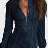 Gelsomina - Mini abito blu in scamosciato con pizzo