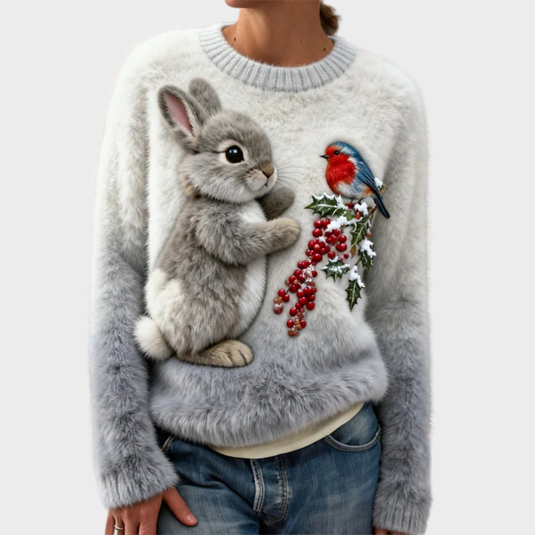 Lucia - Maglione in peluche con coniglietto natalizio