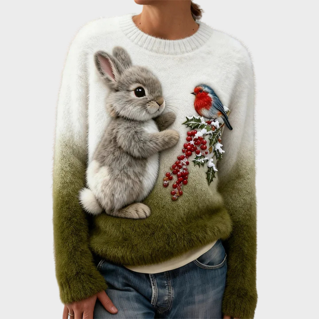Lucia - Maglione in peluche con coniglietto natalizio
