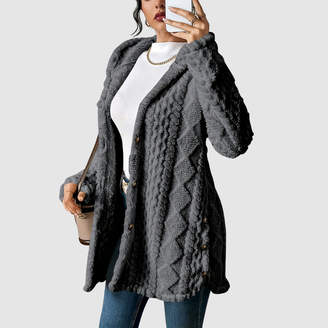 Stefania - Cardigan in peluche con cappuccio