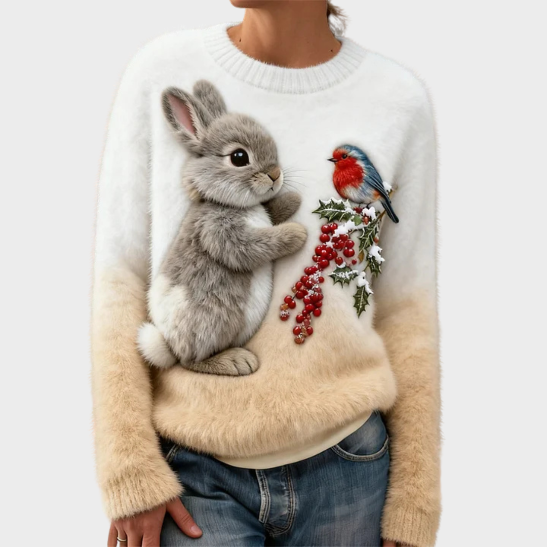 Lucia - Maglione in peluche con coniglietto natalizio