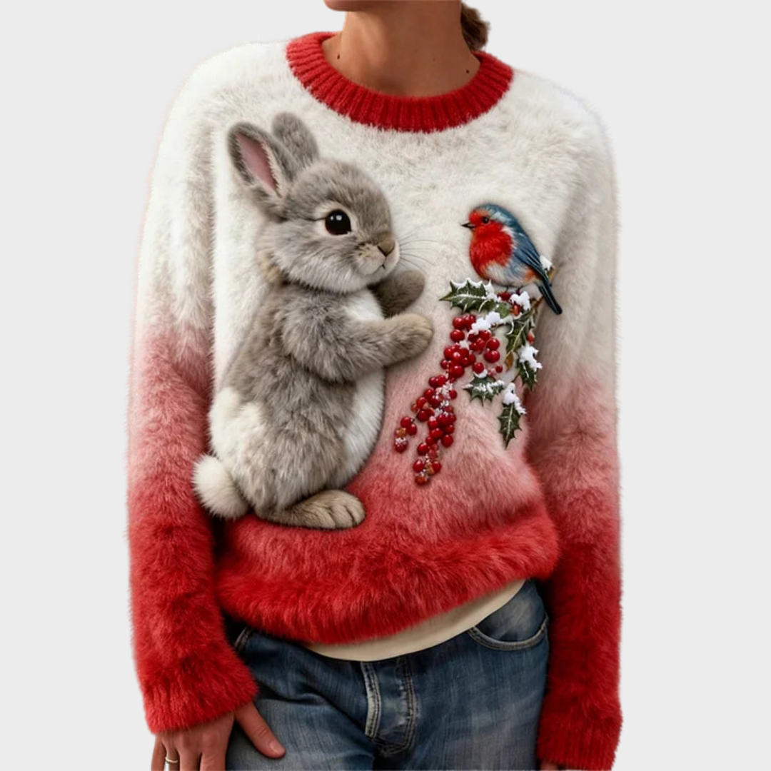 Lucia - Maglione in peluche con coniglietto natalizio