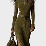 Abito lungo verde vintage con zip e cintura