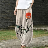 Leonia - Pantaloni larghi beige con sole a inchiostro