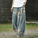 Isotta - Pantaloni larghi con foglie azzurre