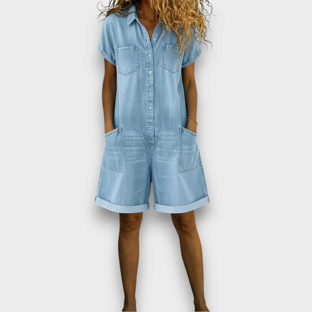 Clara - Tuta corta vintage in cotone effetto denim
